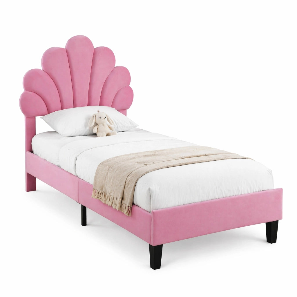 Letto imbottito 90x200 cm rosa con testiera a fiore e rete a doghe