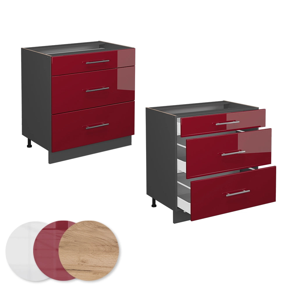 Vicco Mobiletto base per cucina Rosso bordeaux lucido 80 cm con 3 cassetti, senza piano di lavoro