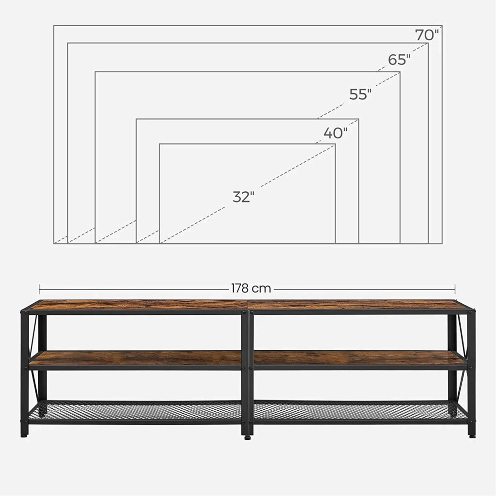 Mobile porta TV per televisori fino a 75 pollici tavolo da soggiorno con ripiani portaoggetti struttura in acciaio per soggiorno/camera da letto 178 cm marrone rustico 12_0002898
