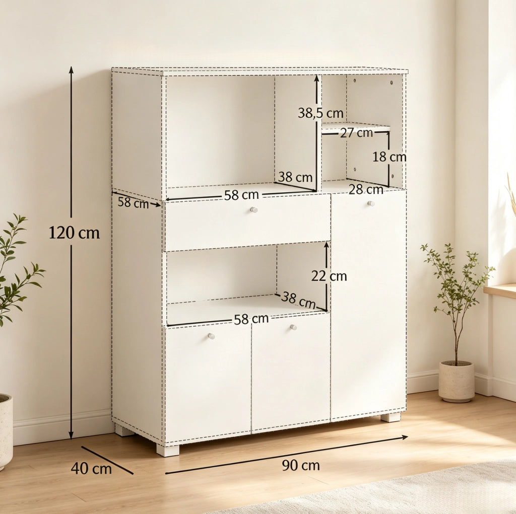 Credenza da cucina 90x40x120 cm bianca in truciolare e alluminio