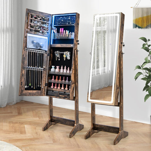 Armadietto Portagioie con Luci LED a 3 Colori, Specchiera per Gioielli da Terra, Mobile Portagioie con 3 Angolo Regolabile, Armadietto Portagioie in Legno, con Chiave (Marrone Rustico)