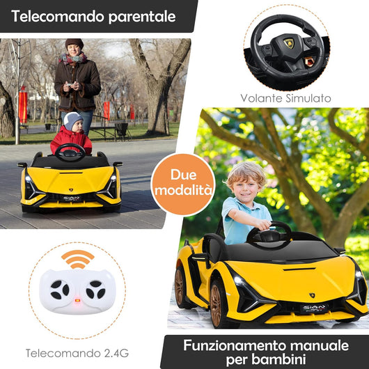 Macchina Elettrica Lamborghini per Bambini da 12V, Veicolo Elettrico Cavalcabile con Luci LED MP3 Telecomando, Fino a 5km/h, +3 Anni (Giallo)