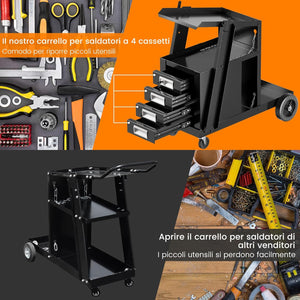 Carrello in Acciaio per Trasporto Saldatrice con Portabombola, Carrello Porta Saldatrice con 4 Cassetti, Nero
