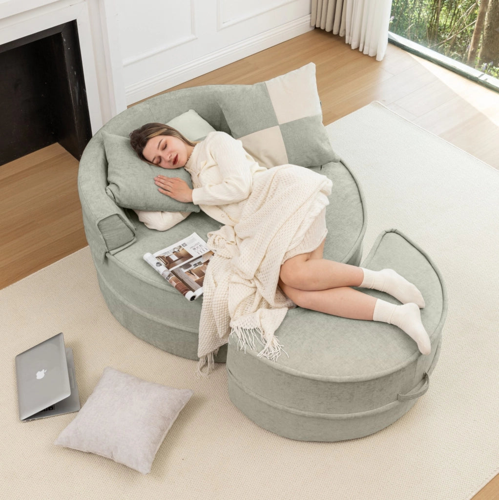 Poltrona rotonda verde in chenille con 5 cuscini e pouf, per soggiorno e camera da letto