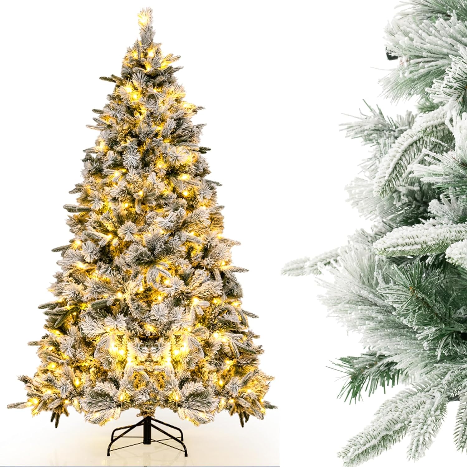 Albero di Natale Innevato136/186 cm, Albero di Natale con 150/250 Luci LED Bianco Caldo, 384/752 Punte di Ramo Miste e Aghi di Pino per Casa e Ufficio (186 cm)
