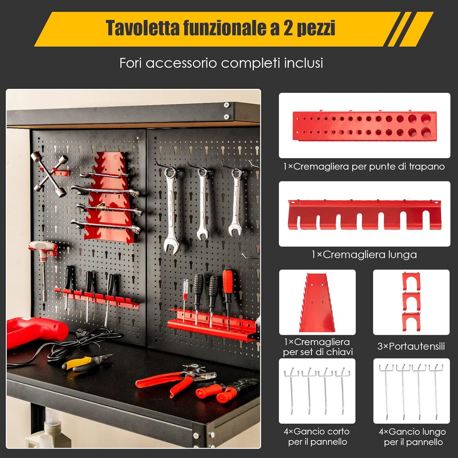 Banco da Lavoro, in Metallo e MDF, con 3 Ripiani, 13 Accessori da Appendere, 80,5 x 41x 155cm, per Garage, Casa, Officina e Magazzino