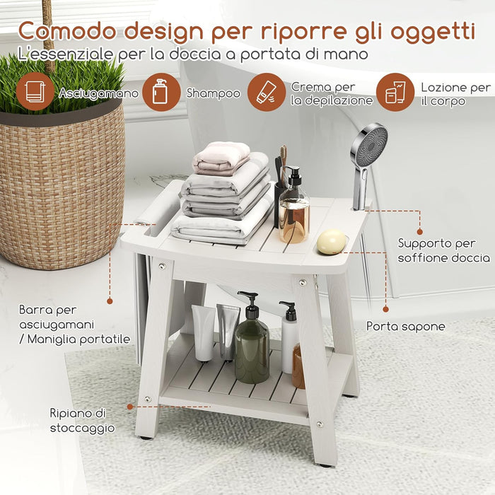 Sgabello da Doccia 41 x 31,5 x 43,5 cm, Mobile bagno in HIPS con Maniglia, Supporto per Soffione e Portasapone, Sedia da Doccia Impermeabile per Bagno, Spa e Vasca