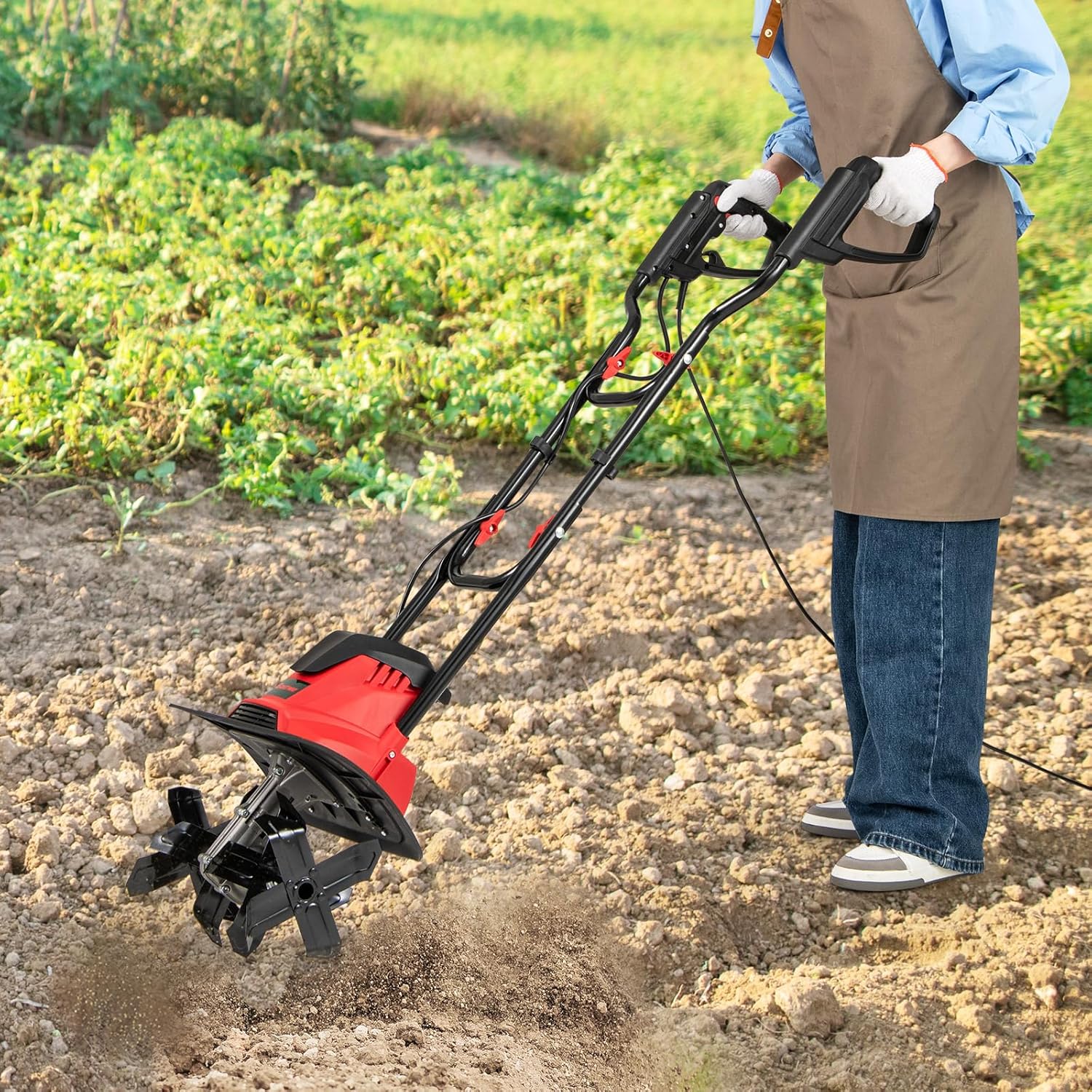 Motozappa Elettrica a Filo, Zappatrice da Giardino con Manico Ergonomico e Motore Forte, Motocoltivatore Pieghevole per Scavare Terreno del Prato (36,5 x 24 x 138 cm,Rosso)