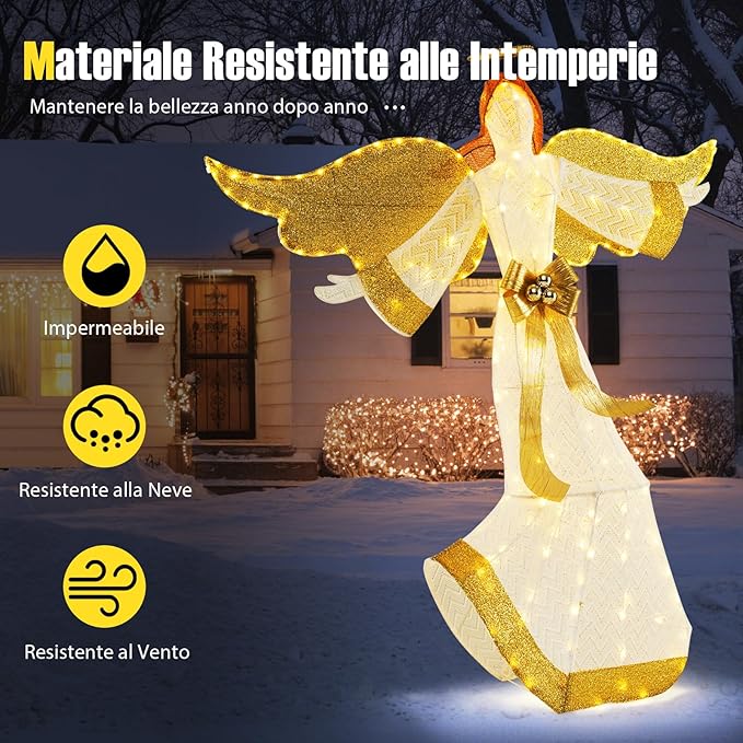 Angelo Natalizio Illuminato da Esterno 160 cm, Decorazione Natalizia con 180 Luci Bianche Calde, 4 Picchetti, per Giardino, Cortile e Prato