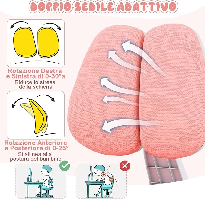Sedia da Studio per Bambini, Poltrona Ergonomica da Scrivania con Schienale Doppio Regolabile e Poggiapiedi, Sedia Regolabile in Altezza Senza Braccioli per Bambini 3+ Anni (Rosa)