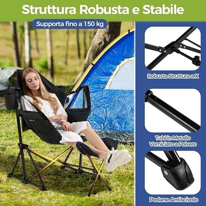 Sedia da Campeggio, Sedia Pieghevole per Esterni con Schienale e Poggiapiedi Regolabili, Poggiatesta, Porta Bicchiere e Borsa da Trasporto per Spiaggia, Giardino, Pesca, Supporta 150 kg (Nero)