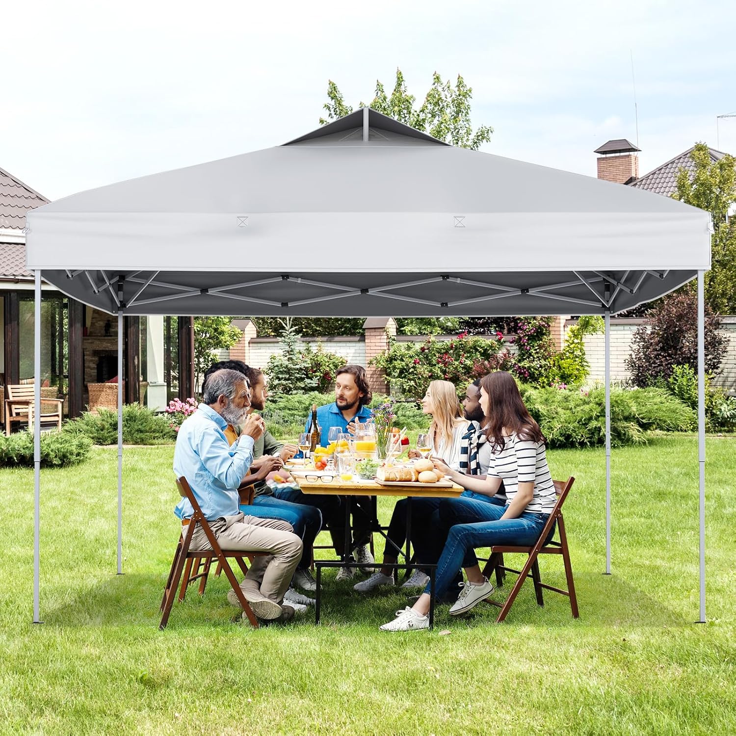 Gazebo Pop-up da 295 x 295 cm, Gazebo da Giardino Impermeabile con Blocco Centrale, Borsa da Trasporto Portatile, Corde Antivento, Picchetti, Tenda Regolabile in Altezza per Feste (Bianco)