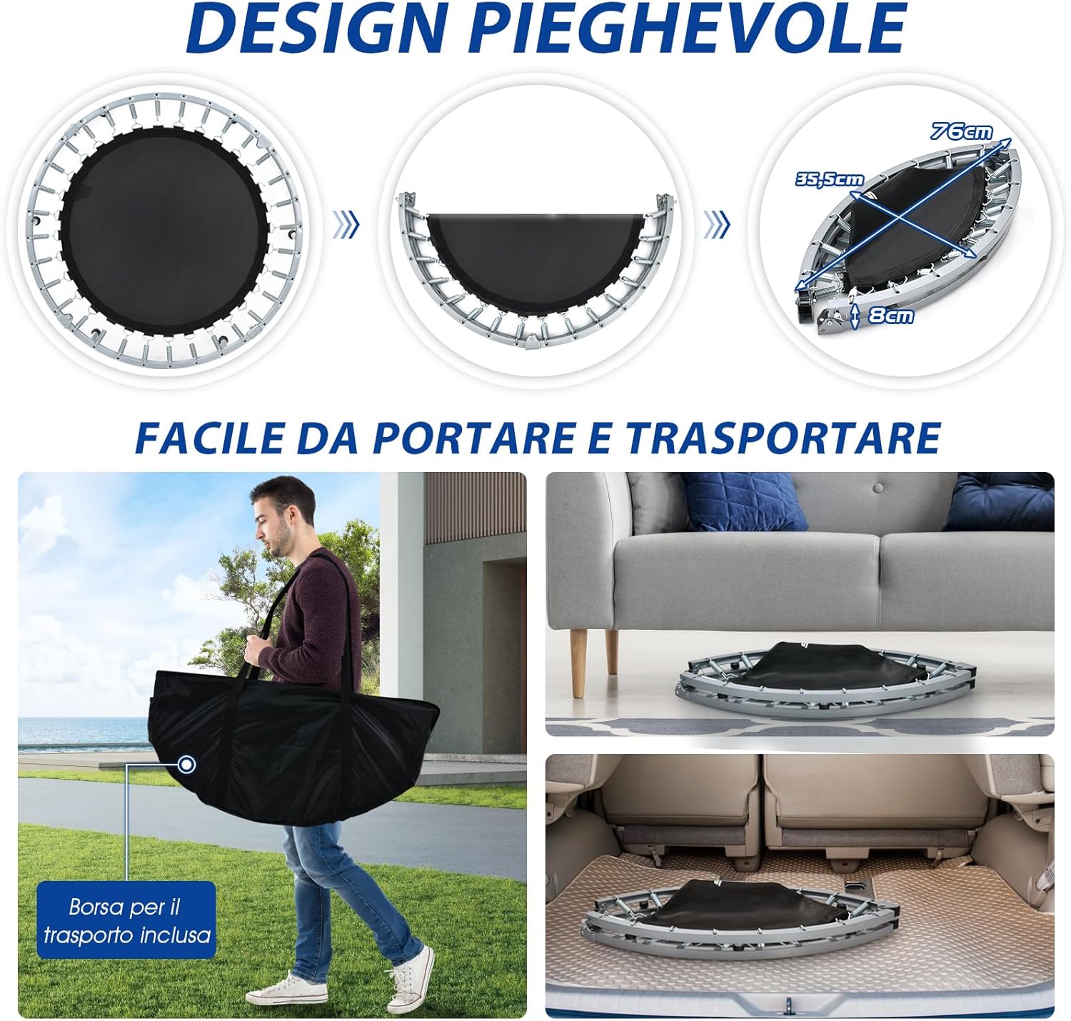 Trampolino per Bambini e Adulti, Tappeto Elastico Pieghevole e Regolabile in 4 Altezze con Maniglia, Capacità di Carico 150 kg