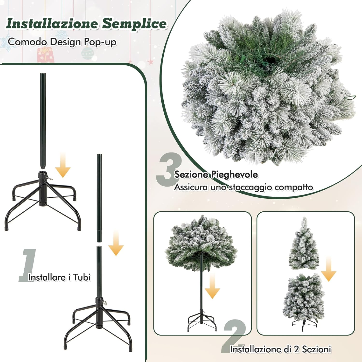 Albero di Natale Innevato 150 cm/180 cm, Albero di Natale Pop-Up con 130/170 Luci LED Bianco Caldo, Aghi di Pino, 378/517 Punte di Rami e Sezione Pieghevole & Supporto in Metallo (150 CM)