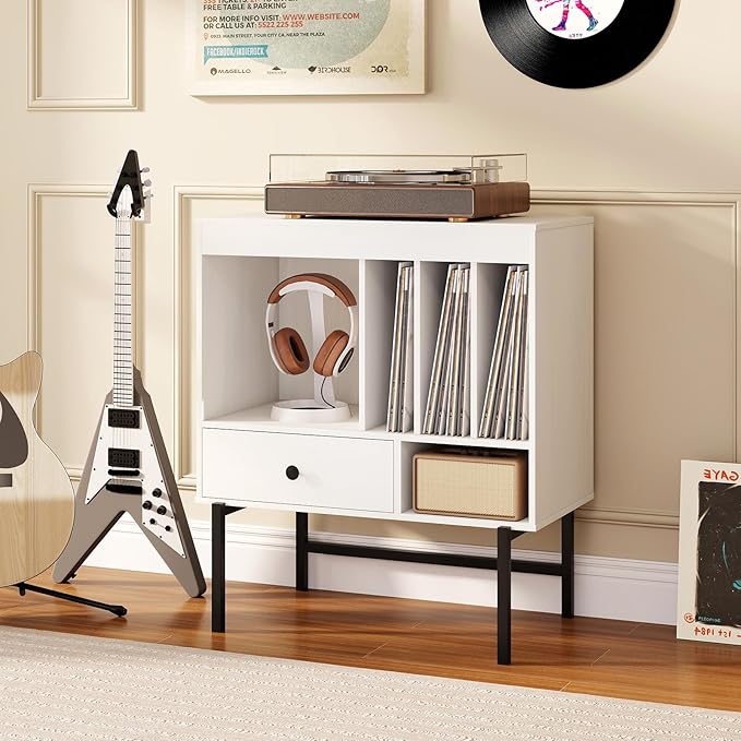 Armadio Camera da Letto 70 x 36 x 80 cm, Credenza Salvaspazia in Legno con Scomparti Aperti, Supporti per Album e Cassetto, Mobile Moderno per Sala Musica e Soggiorno (Bianco)