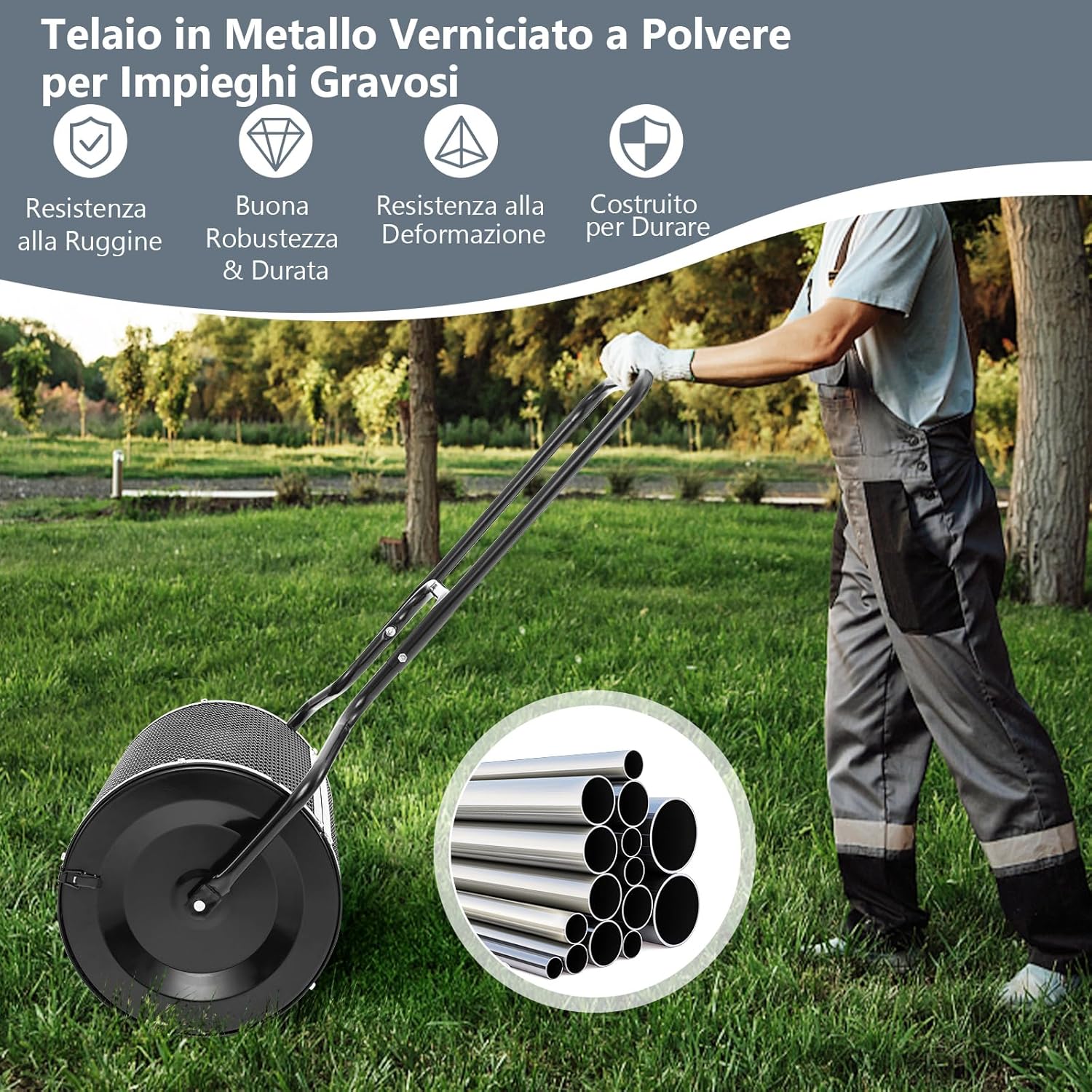 Spandiconcime a Rullo, Rullo da Giardino con Impugnatura Pratica Chiusure Laterali e Rete in Metallo per Concimazione e Semina, Spandiconcime per Prato e Giardino (41 x 60 cm Nero)