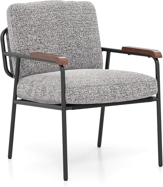 Poltrona da Camera da Letto, Sedia Imbottito con Cuscino Posteriore, Braccioli in Legno di Gomma Massiccio e Struttura in Metallo, Poltrona Relax Moderna per Soggiorno e Studio