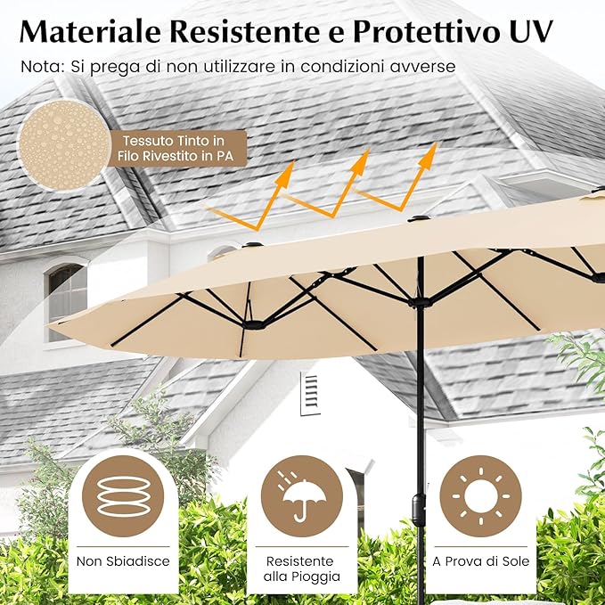 Ombrellone Doppio da Giardino 400 x 200 cm, Ombrellone Rettangolare con Base, Parasole Esterno con Manovella e 12 Stecche, per Giardino Piscina Patio