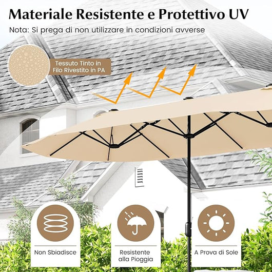 Ombrellone Doppio da Giardino 400 x 200 cm, Ombrellone Rettangolare con Base, Parasole Esterno con Manovella e 12 Stecche, per Giardino Piscina Patio