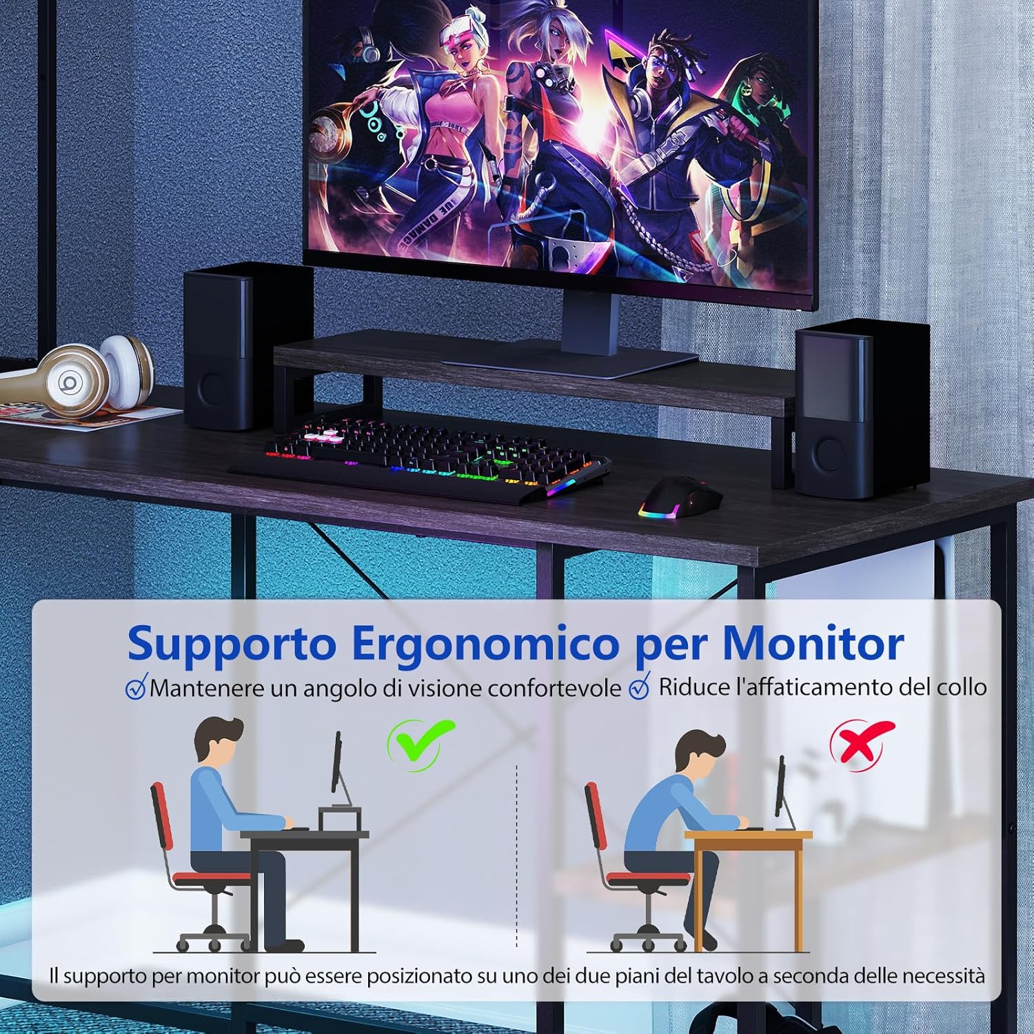 Scrivania per Computer a Forma di L, Tavolo da Gioco con Scaffale Regolabile, Gancio, Supporto per CPU, Striscia LED, Telecomando e Prese di Corrente, Desk per Studiare e Lavorare (Grigio)