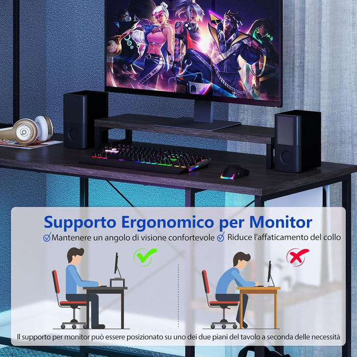 Scrivania per Computer a Forma di L, Tavolo da Gioco con Scaffale Regolabile, Gancio, Supporto per CPU, Striscia LED, Telecomando e Prese di Corrente, Desk per Studiare e Lavorare (Grigio)
