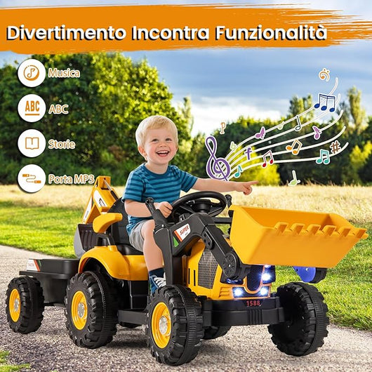 4 in 1 Trattore Elettrico per Bambini, Trattore Cavalcabile per Bambini 3-8 Anni con Telecomando Rimorchio e Cucchiaia Staccabile, Velocità Regolabile, Doppi Motori (Giallo)