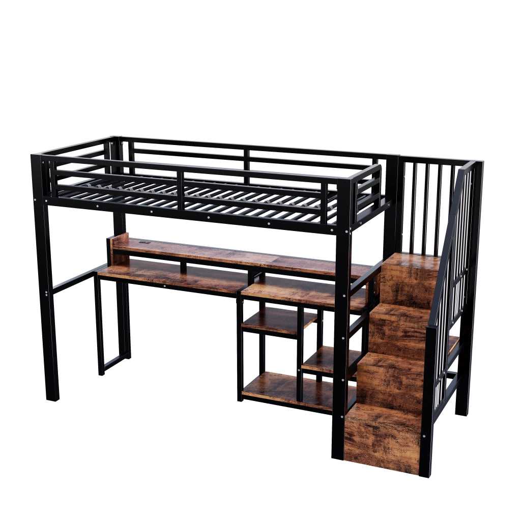 Letto a soppalco singolo 90×200 cm con LED; USB e Type-C; ripiani; senza materasso; metallo; nero