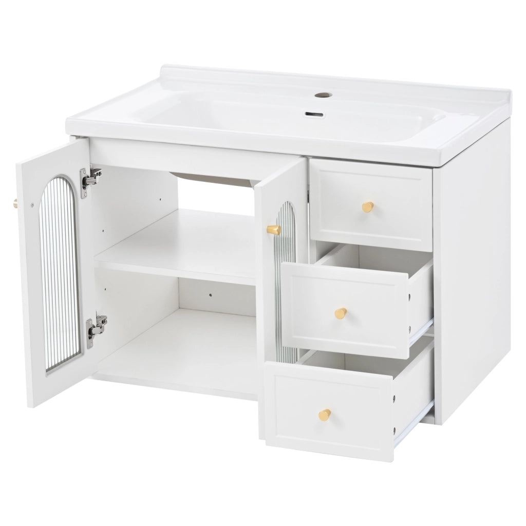 Mobile sottolavabo a parete con 2 cassetti; armadio con porta in vetro ondulato; lavabo in ceramica e ripiani regolabili; bagno