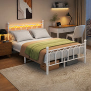 LETTO 120x200 cm in metallo e MDF Bianco con LED, USB e testiera alta