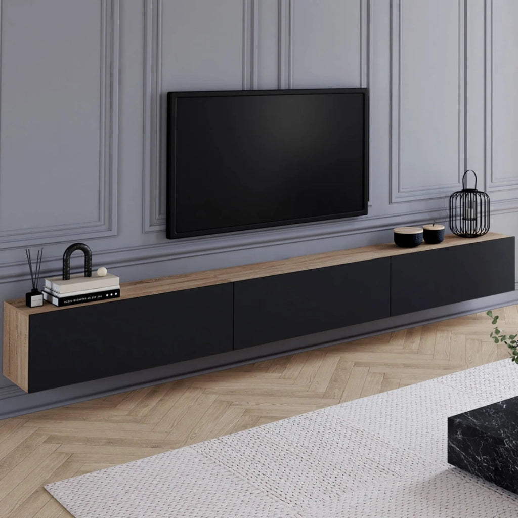 IDMarket - 270 cm ELIO mobile TV a 3 ante in legno e nero a parete