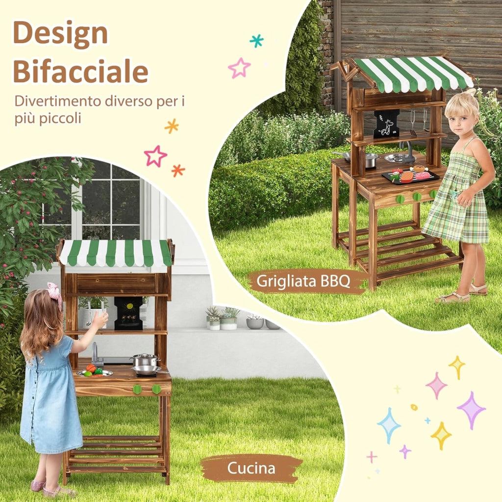 Cucina Giocattolo per Giardino a Doppia Faccia, Cucina per Bambini in Legno di Abete con Tettoia, Lavagna Scorrevole e Griglia Barbecue, Set da Cucina con 5 Accessori, 63 × 56 × 115 cm