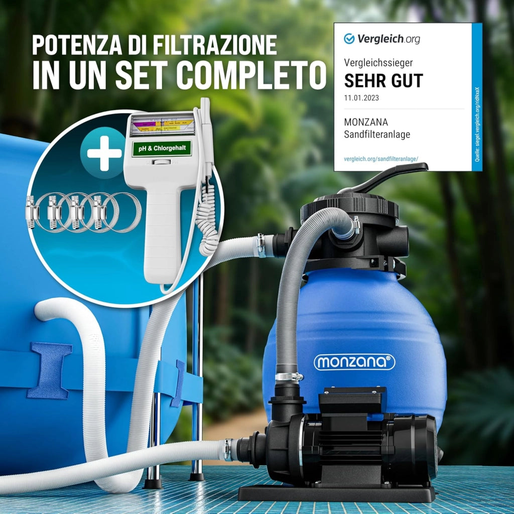 Pompa Filtro Piscina 10.200 L/h a 7 Vie 450W Serbatoio da 20kg Misuratore Ph e Cloro