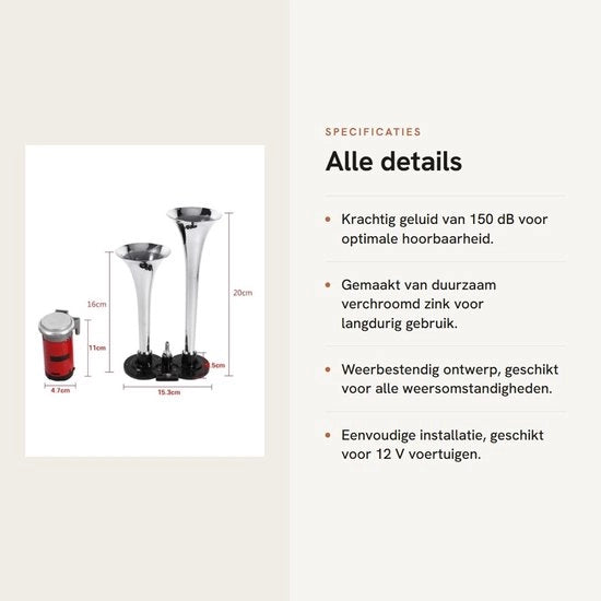 Fischietto per Auto/Veicoli Commerciali/Barca 150 dB - Doppia Fiamma - Lame in Acciaio Inox - 12 Volt - Antischoc e Duraturo - Clacson