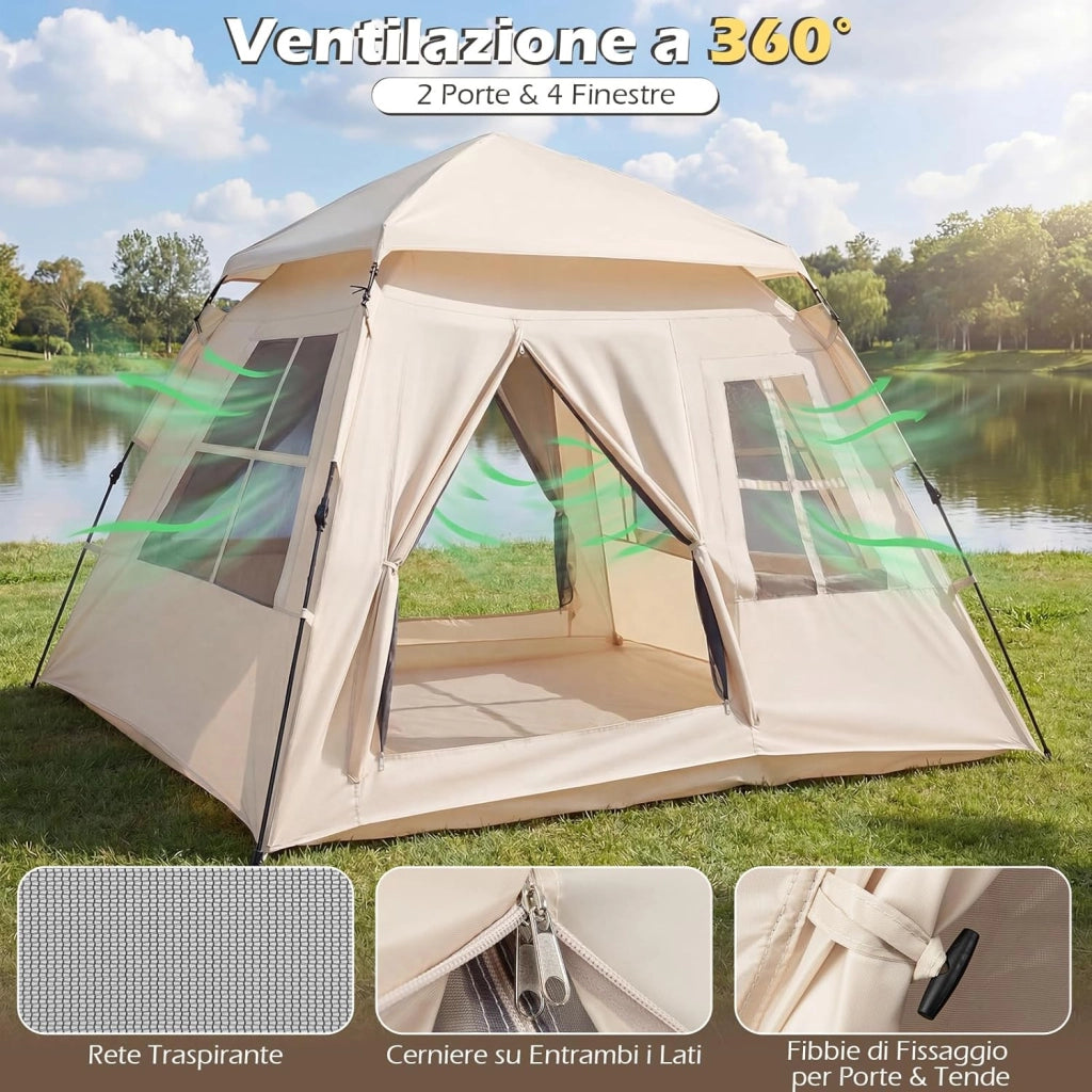 Tenda da Campeggio per 3-4 Persone, Tenda da Spiaggia Protezione Solare con Copertura Antipioggia Rimovibile, 2 Porte, 4 Finestre Traspiranti e Borsa per il Trasporto, Facile Installazione