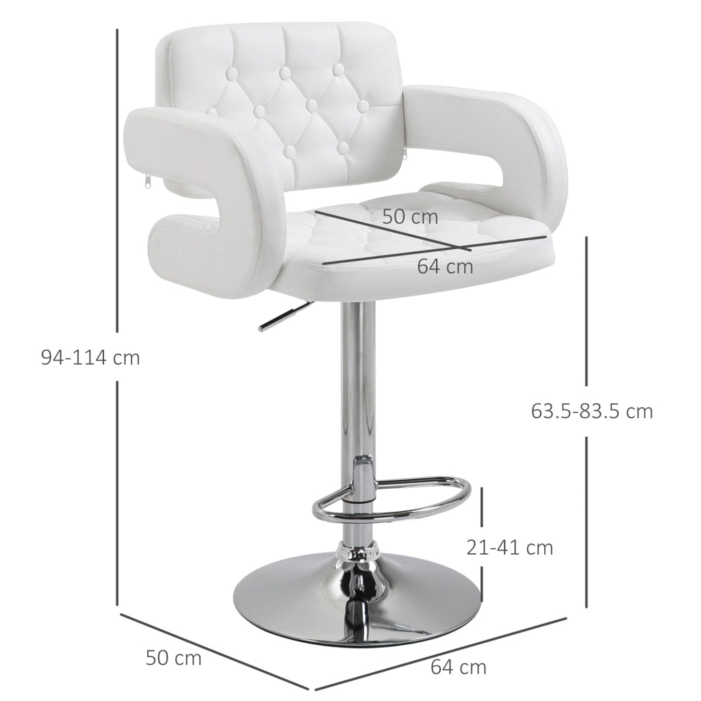 EasyComfort Sgabello Alto Moderno da Bar con Schienale e Braccioli, Regolabile e Girevole, per Cucina o Pub, 64x50x94-114cm, Bianca