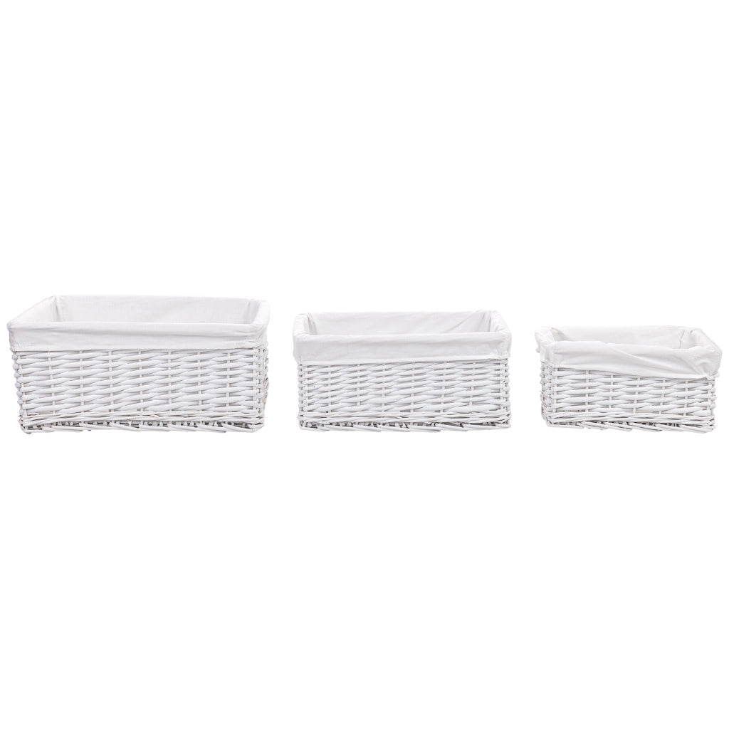 Set di 3 cestini in vimini bianchi: A: 40x28x18 cm, B: 35x23x16 cm, C: 28x18x14 cm