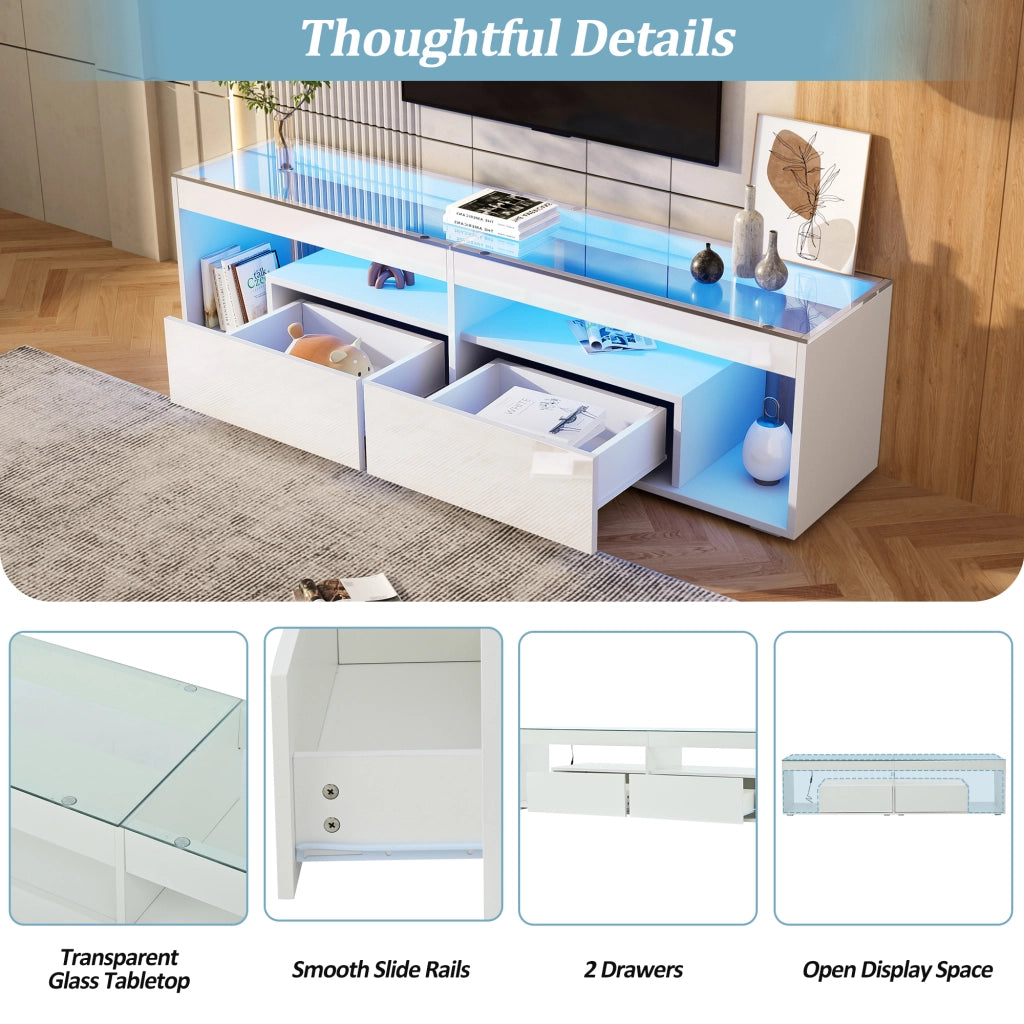 Mobile porta TV con LED, 2 cassetti e ripiani in vetro temperato, per soggiorno, in truciolare, bianco, 180 × 40 × 46 cm
