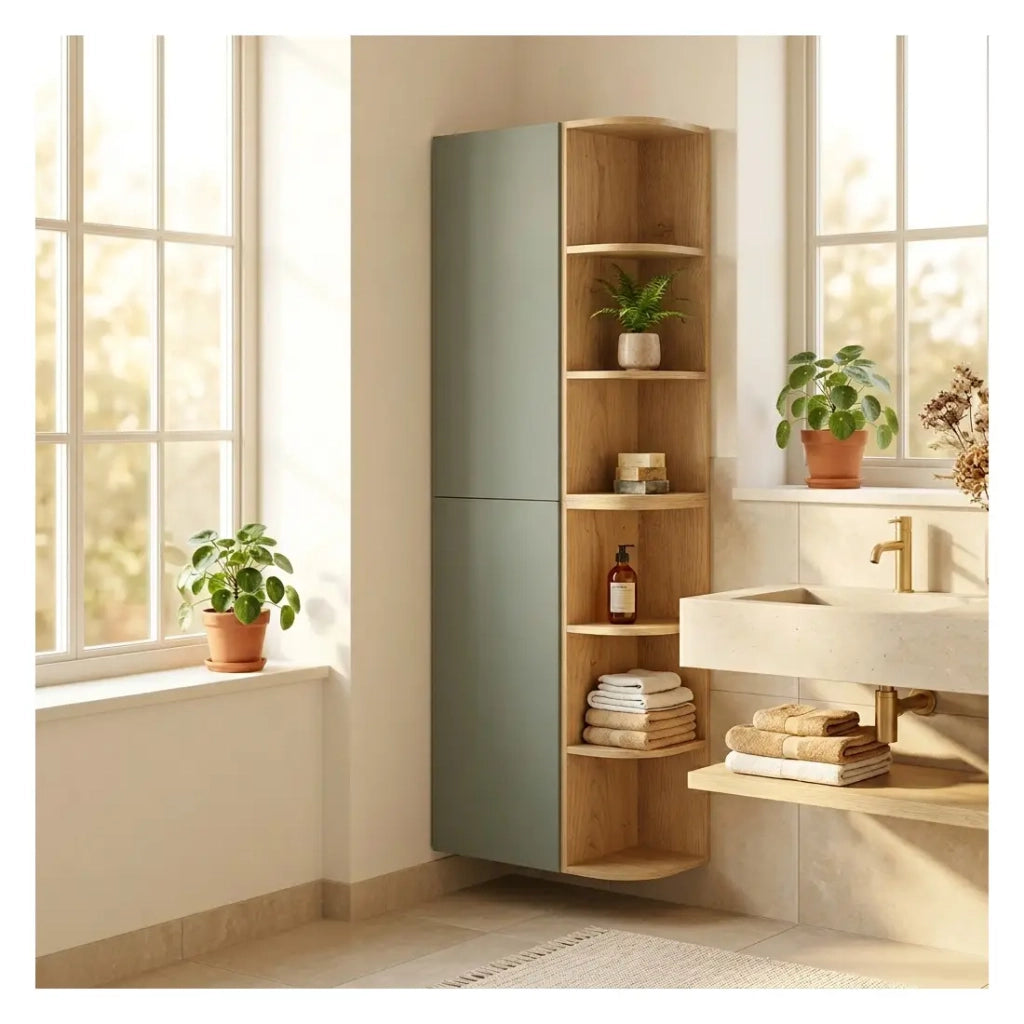 Mobili componibili OSTER 45cm – mobili sospesi verde salvia 1 porta e 6 nicchie arrotondate in rovere chiaro