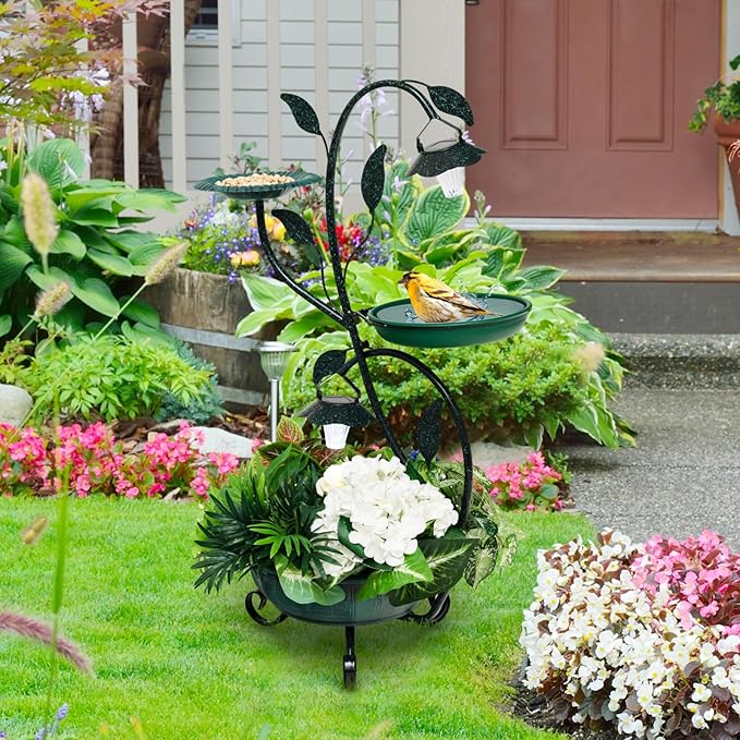 Mangiatoia per Uccelli da Giardino 83CM, Vasca per Uccelli da Esterno Alimentata a Energia Solare con Piedistallo per Fiori e 2 Luci LED, per Giardino, Cortile e Prato, Bronzo
