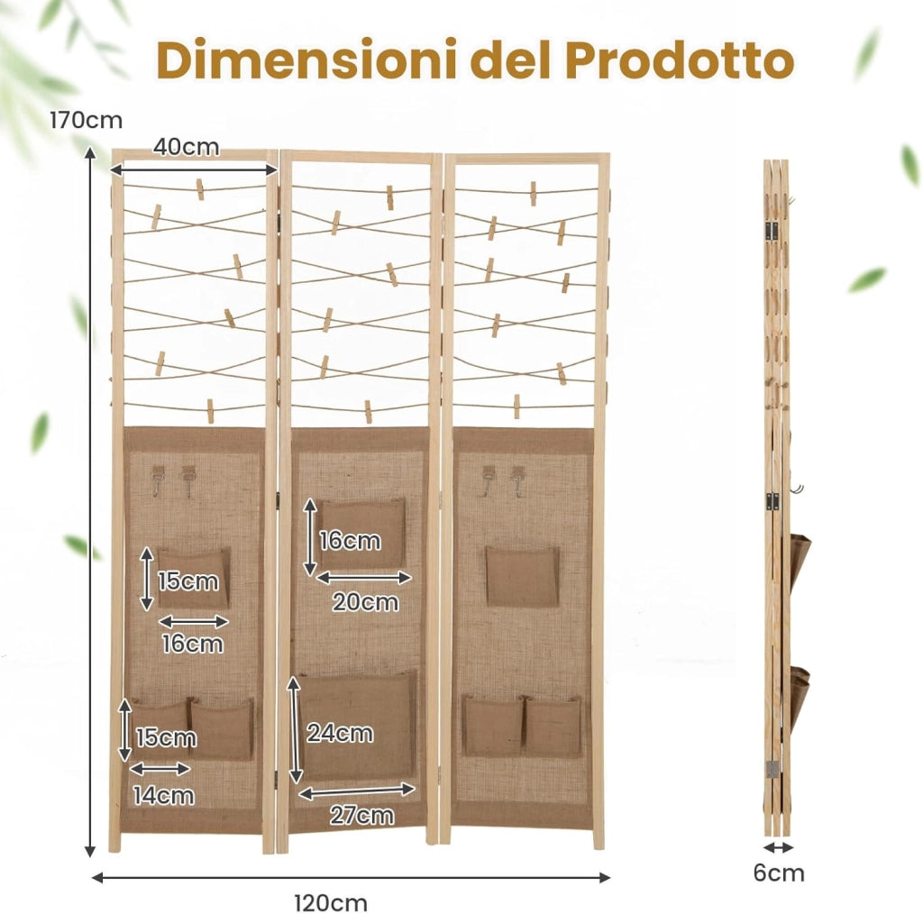 Paravento a 3 Pannelli, Separé Divisorio Pieghevole con 8 Tasche, 4 Ganci, Corde di Iuta per Appendere e 20 Clip in Bambù, Separatore di Spazio in Legno Boho per Casa e Negozi