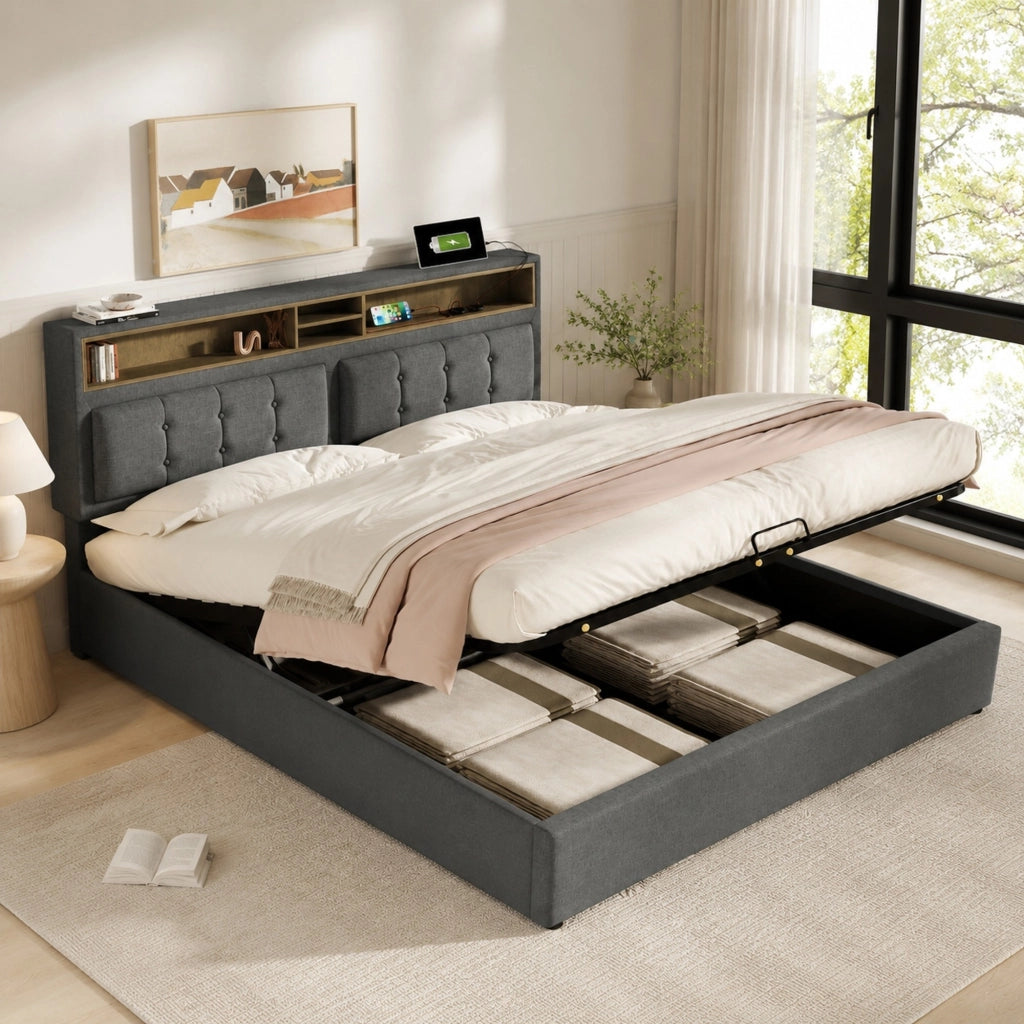 Letto contenitore imbottito 140x200 cm con USB e prese, testiera regolabile in lino grigio