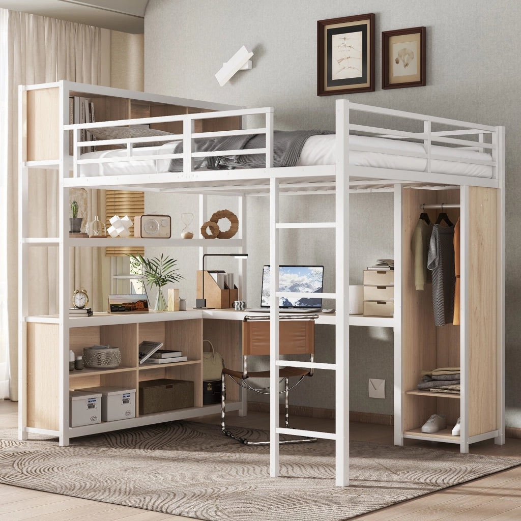 OKWISH Letto a soppalco 140×200 cm, Letto Matrimoniale con Scrivania, Contenitori, Armadio e Mensole, senza Materasso, Bianco