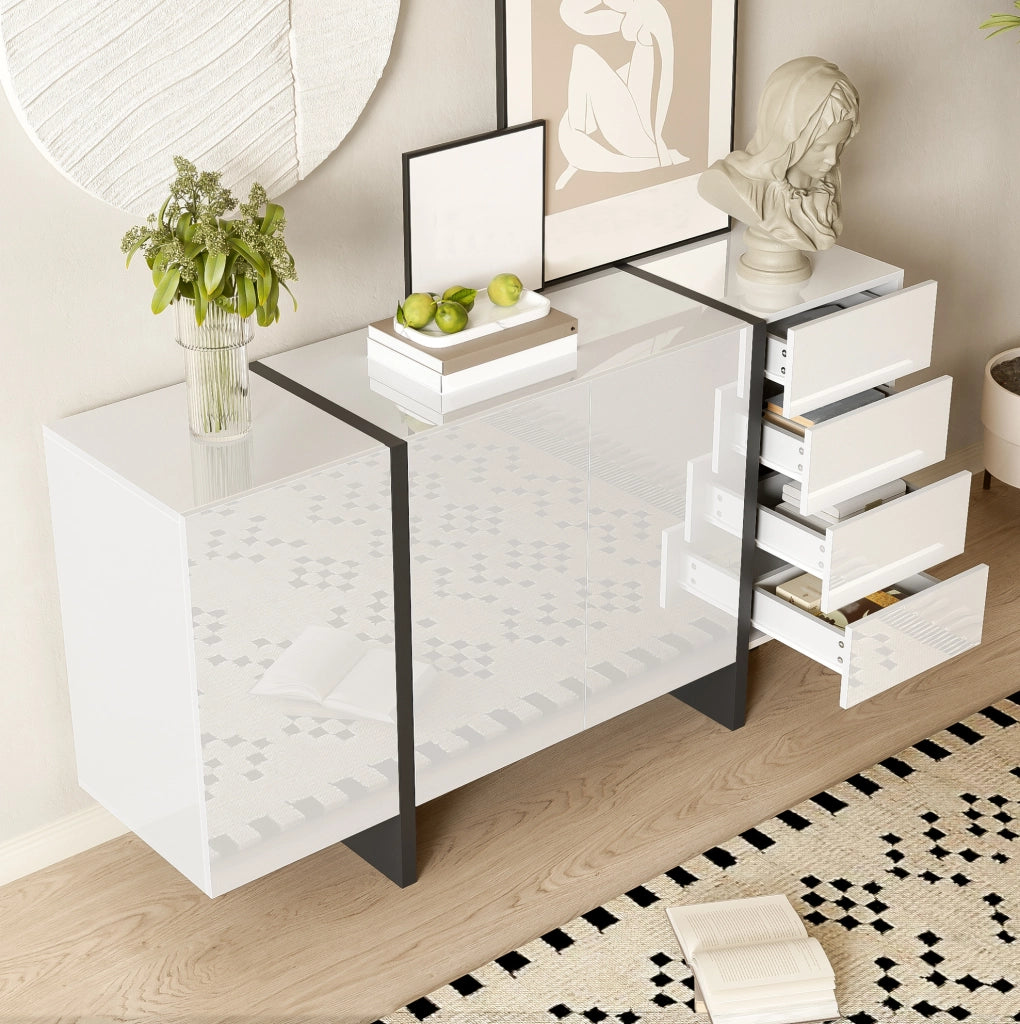 Sideboard moderno bianco lucido 150 cm con 2 ante e 4 cassetti; in MDF e truciolare; bianco nero