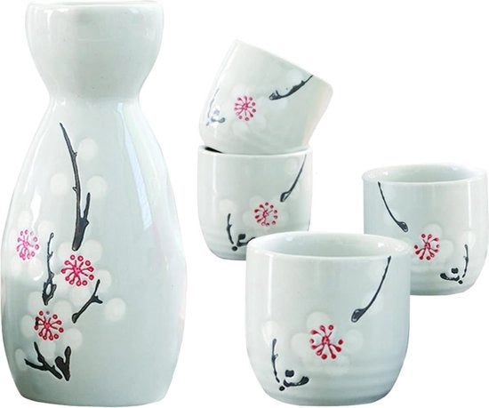 Set di Sake Ceramico - Bicchieri di Vino Tradizionali Giapponesi Manufatti a Mano con Disegno di Fiori di Ciliegio - Resistenti al Lavastoviglie e Ideali per la Decorazione di Casa