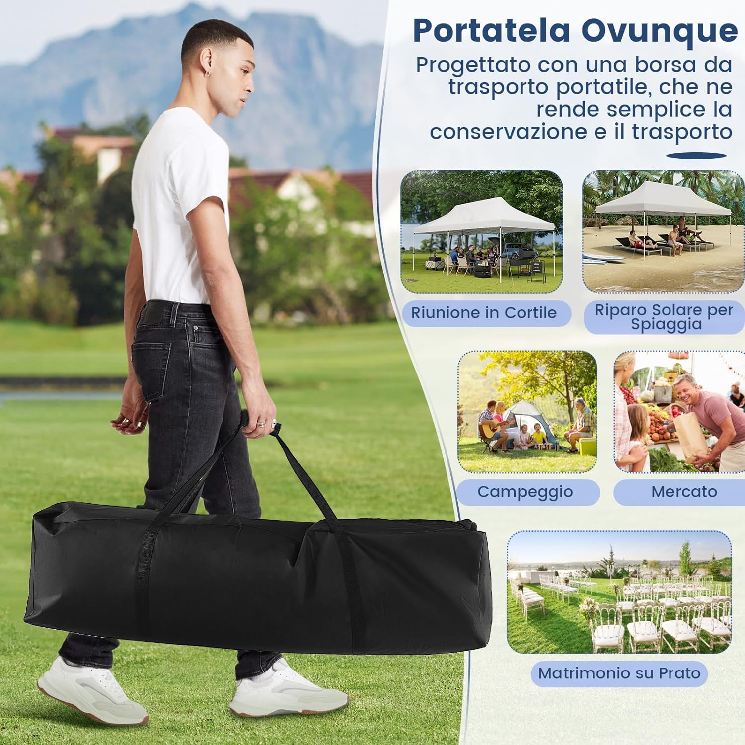 Gazebo Pieghevole da Giardino 3 x 6m, Gazebo Pop-up con Borsa da Trasporto, Regolabile in Altezza, per Feste, Barbecue, Giardino e Spiaggia (Bianco)