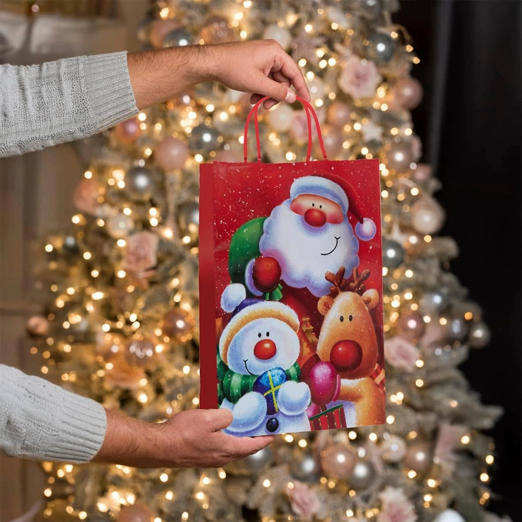 Set 12 Sacchetti Natale Medi 18x8x23 cm – Buste Regalo Natalizie in Carta Plastificata con Babbo Natale, Pupazzo di Neve e Renna