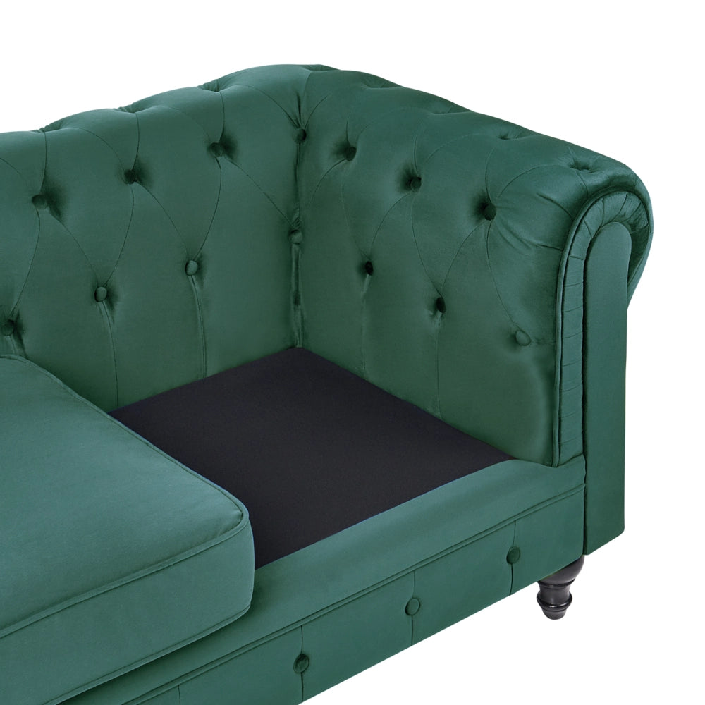Divano Chesterfield Tessuto Velluto Verde Rivestimento Gambe In Legno Scuro 3 Posti Contemporaneo
