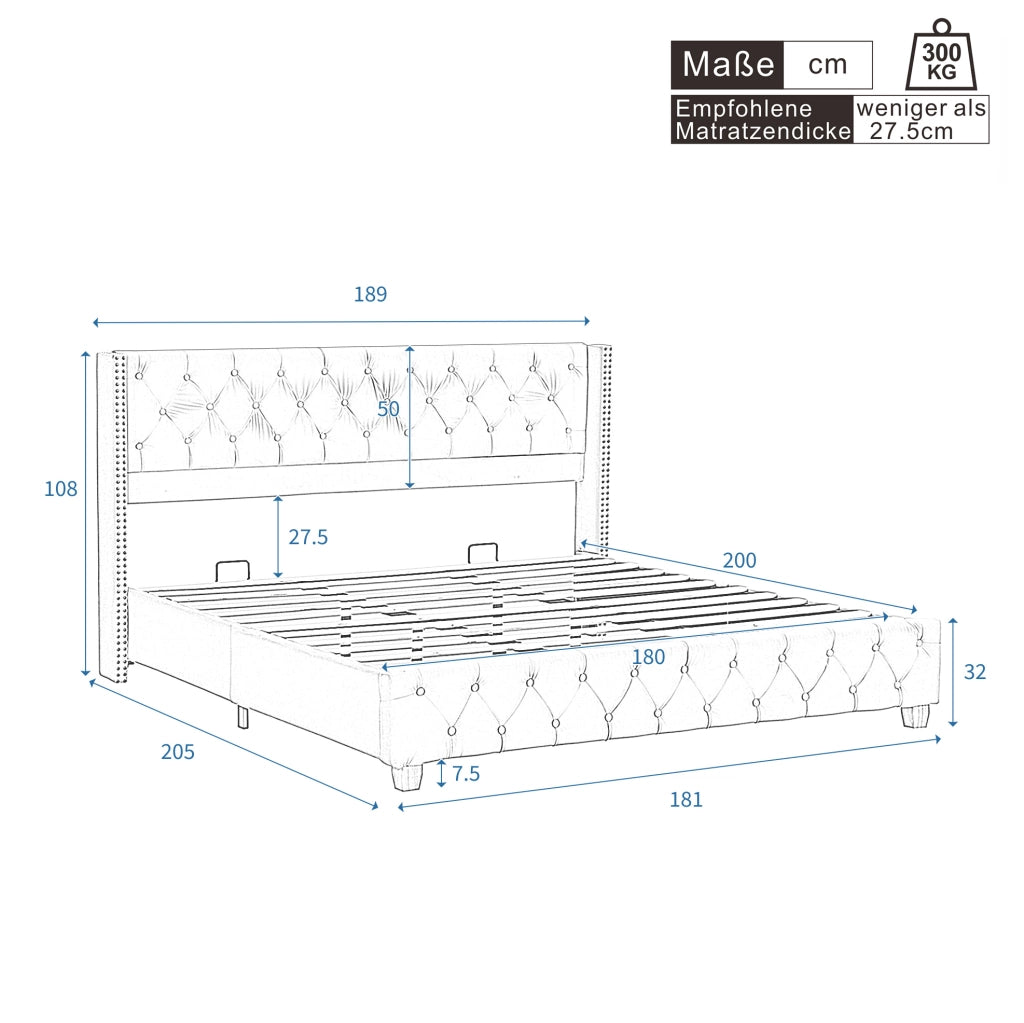 Letto imbottito in lino Beige 180x200 cm con testiera e rete a 12 doghe