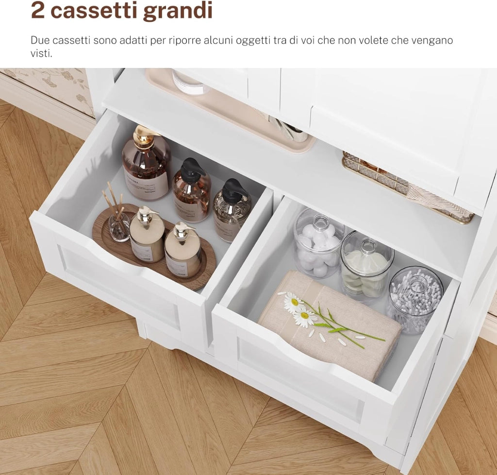 Mobile alto da bagno con 2 ripiani aperti, 2 cassetto, credenza multiuso, 60 x 30 x 147 cm, bianco