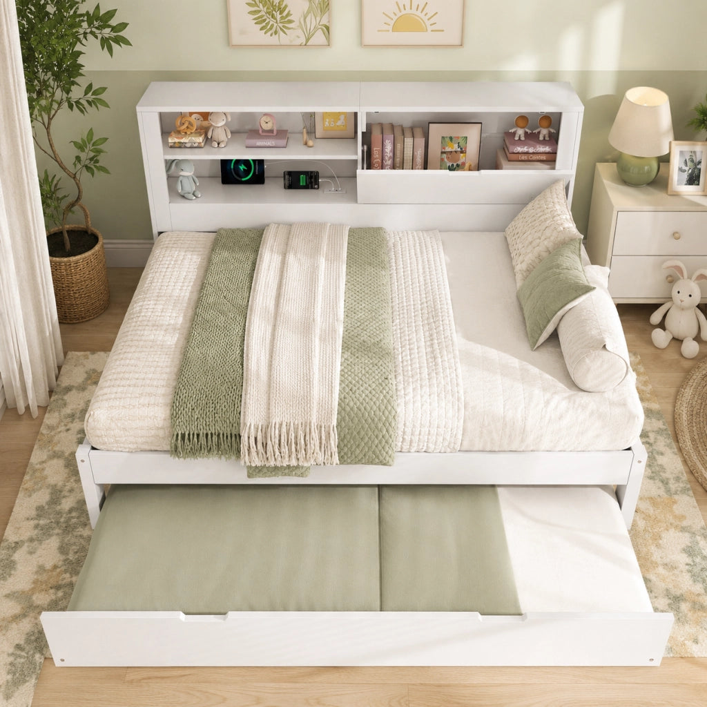 Divano letto 140x190 con estraibile 90x190 bianco vano e ripiano USB/Type-C doghe